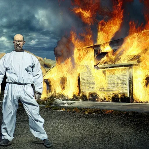 Image similar to a photo of walter white standing in front of a building on fire, highly detailed, 4 k