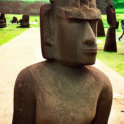 Image similar to man with a moai statue for a head doing a kickflip