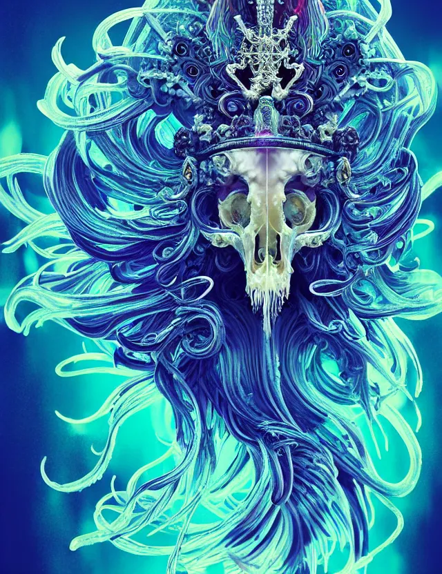 Image similar to goddess phoenix macro close - up portrait with crown made of ram skull. phoenix, betta fish, jellyfish, bioluminiscent, plasma, ice, water, wind, creature, super intricate ornaments artwork by tooth wu and wlop and beeple and greg rutkowski