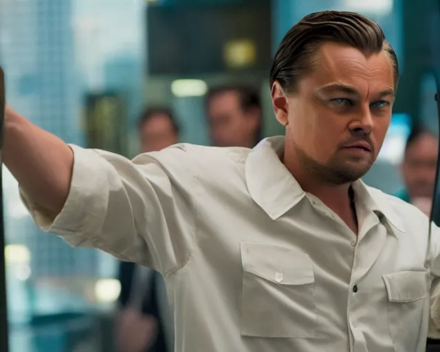 Image similar to leonardo dicaprio as the wolf of wall street standing next to margot robbie, cinamtic, long shot, hyper detailed, 8 5 mm photograph, 8 k resolution, film still, sharp lens, wide lens