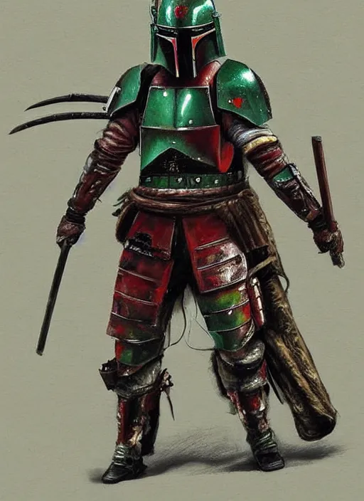 Image similar to a japanese samurai but his armor is inspired by boba fett's, very detailed oil painting, dark and realistic, japanese art art