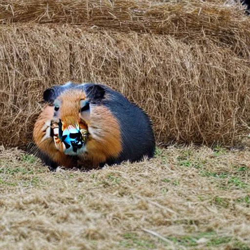Prompt: a guinea pig with white wings flying above a field of hay,