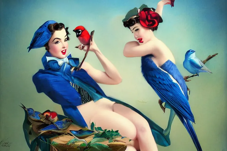 Image similar to pinup girl holding an indigo bunting, bird, the bird is wearing a bowtie, by greg rutkowski, rossdraws, gil elvgren, enoch bolles, anime, porcelain skin, very coherent