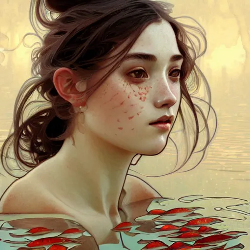 Prompt: Portrait of a girl surrounded by Koi fish, face, fantasy, intricate, elegant, highly detailed, digital painting, artstation, concept art, smooth, sharp focus, illustration, art by Pauline Voß and Artem Demura and alphonse mucha