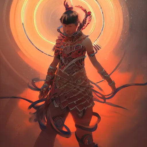 Image similar to curvy asian tribal armor girl, digital illustration by ruan jia on artstation, outlined by whirling illuminated neon lines and fine lines swirling in circles by jesper ejsing and rhads and makoto and shinkai and lois van baarle, digital art, trending on artstation - h 8 3 2