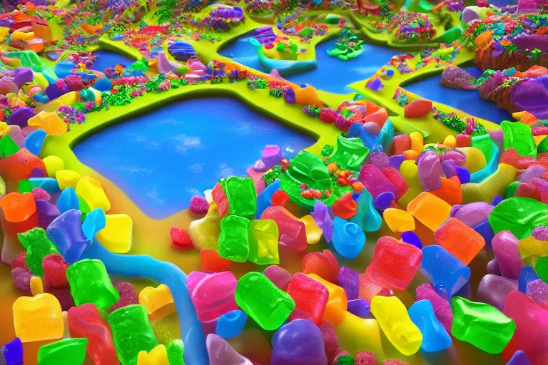 Image similar to desert oasis made of gummy candy, 8 5 mm bright - light photography, hyper detailed octane render, trending on art station