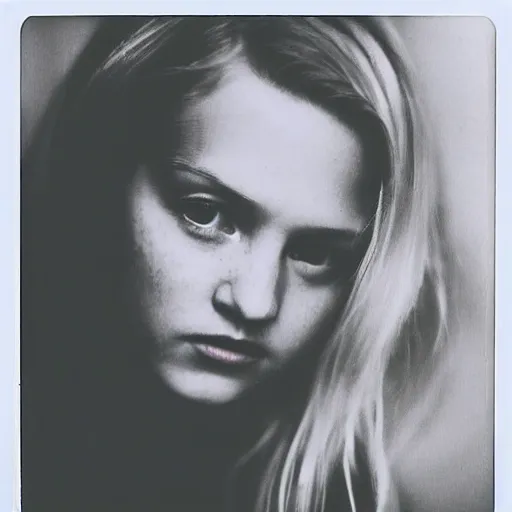 Prompt: dark old portrait of an attractive blonde girl, there is a few sun rays, there is a window in the background, pictorialism, award winning, black and white, old polaroid