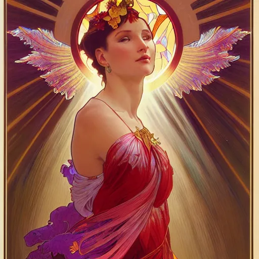 Image similar to a beautiful orchid phoenix angel woman, in an ornamented dress with large, volumetric light, god rays, 8 k high resolution, rubies, by alphonse mucha, artgerm, greg rutkowski