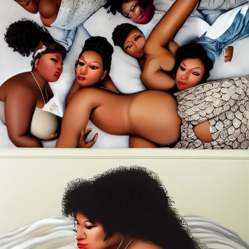 Image similar to photorealistic, stunning, coherent, beautiful painting, still of a group of black bbw models taking a picture of each other posing in the same bed , they are all laying down, one of them is on the phone with her boyfriend , 3d, in the style of pixar, smooth, 3d, highly detailed, highly detailed, sharp focus, bokeh, depth of field, 16k resolution, Unreal Engine 5, coherent, cinematic lighting, photorealistic