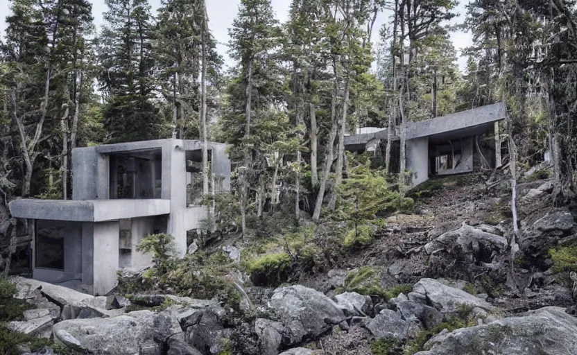 Prompt: gorgeous brutalist house on a secluded mountain with trees around