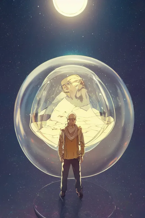 Image similar to walter white floating inside a glimmering crystal ball, high intricate details, rule of thirds, golden ratio, cinematic light, 8 k, octane render, anime style, graphic novel by fiona staples and dustin nguyen, art by beaststars and orange, peter elson, alan bean, studio ghibli, makoto shinkai