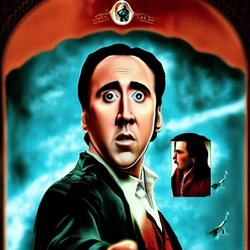 Image similar to a film poster of nicolas cage in harry potter, photorealism, film grain,