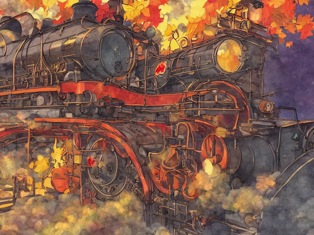 Prompt: cross - section close - up view of a steam anime train, autumn light, colorful, smoke, beautiful, by studio ghibli, digital art, concept art, manga, cute and adorable, illustration