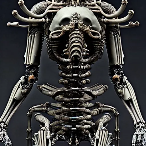 Image similar to still frame from Prometheus movie by giger, necron lord editorial by Malczewski, biomechanical armoured knight by Wayne Barlowe, ornate elaborate complex artifact of death