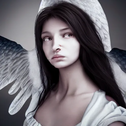 Image similar to tormented female angel, 8k, ultra realistic, hyper realistic