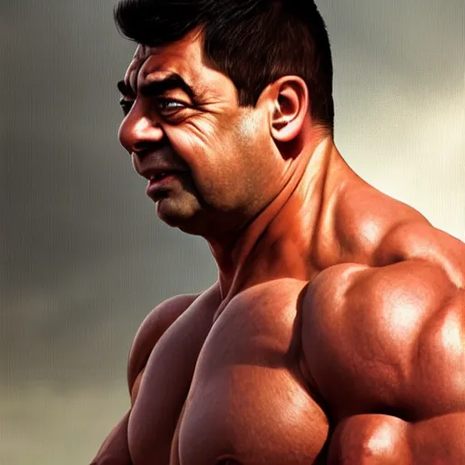 Image similar to upper body portrait of a hulking bulky swole steroids musclebound huge bodybuilder muscular herculean chiseled mr bean rowan atkinson, cinematic lighting, photorealistic, octane render, 8 k, depth of field, 3 d, art by artgerm and greg rutkowski and alphonse mucha and uang guangjian and gil elvgren and sachin ten