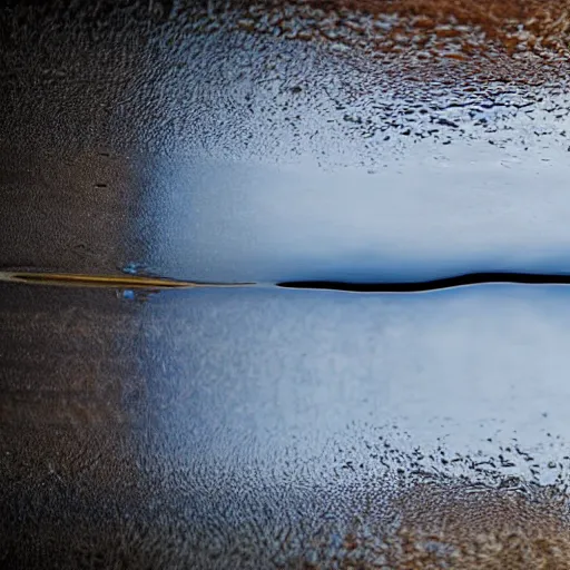 Prompt: top down photograph looking into a puddle, a shriveled old man is staring up from under the surface of the water