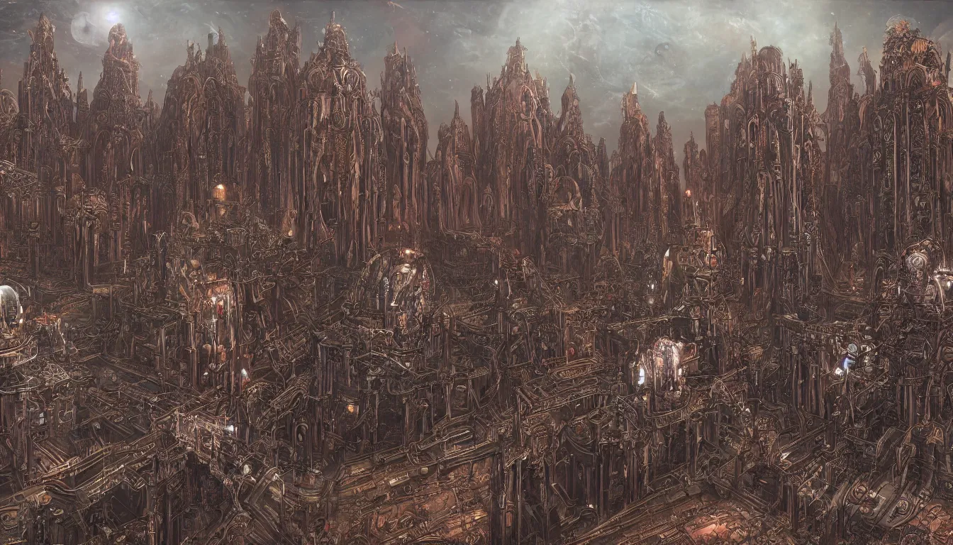 Image similar to An Adeptus Mechanicus Cathedral in Mars, digital art in the style of Patrick Woodroffe and Wayne Barlowe, highly detailed, trending on ArtStationHQ