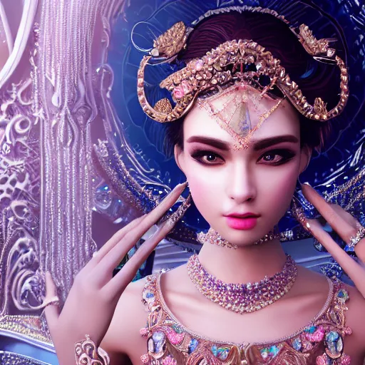 Image similar to portrait of pretty princess with perfect skin, glowing, ornate and intricate diamond jewelry, jaw dropping beauty, ornate and intricate backdrop, white accent lighting, hyper detailed, 4 k octane render