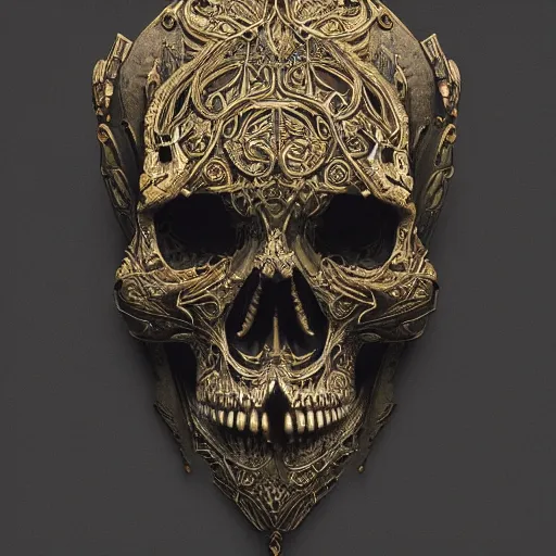 Image similar to skull in black concrete with intricate gold inlay carving in art nouveau style, hyper detailed, insane details, intricate, elegant, luxury, dramatic lighting, CGsociety, hypermaximalist, golden ratio, fog, overcast lighting, moody atmosphere, environmental key art, octane render, weta digital, micro details, 3d sculpture, ray trace, 8k