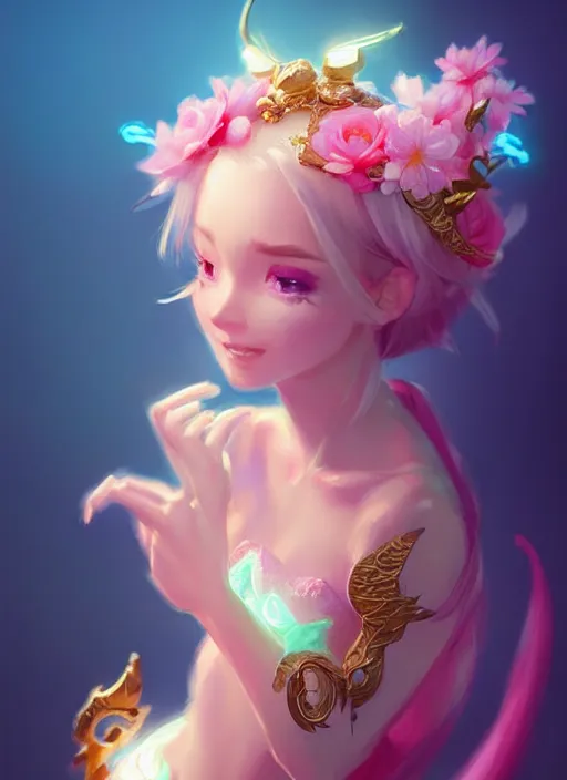 Prompt: cute little dragon, flowers, neon blue, light pink, gold, diamonds, highly detailed, artgerm, cushart krenz, artstation, soft light, sharp focus, illustration, character design, concept art