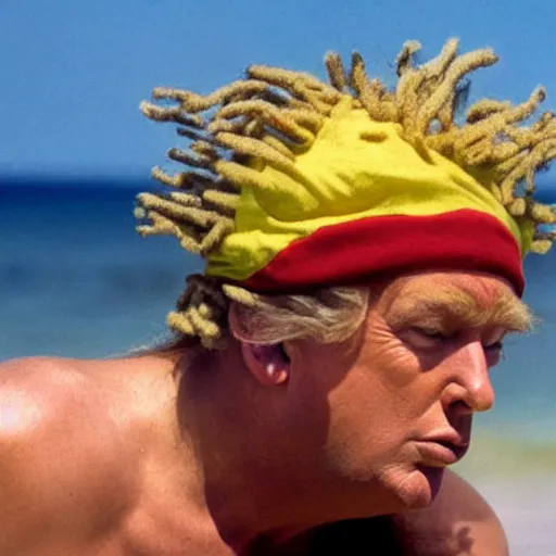 Image similar to rastafarian donald trump lounging on the beach.