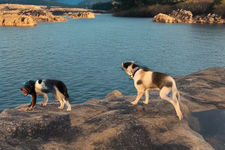 Image similar to a puppy is looking directly at the water below them while they stand at an edge