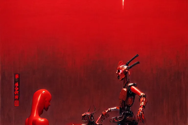 Image similar to only with red, a red cyborg samurai, tokio futuristic in background, some evil yokai, in the style of beksinski, parts by edward hopper, parts by rodcenko, parts by yue minjun, intricate and epic composition, red by caravaggio, insanely quality, highly detailed, masterpiece, red light, artstation, 4 k