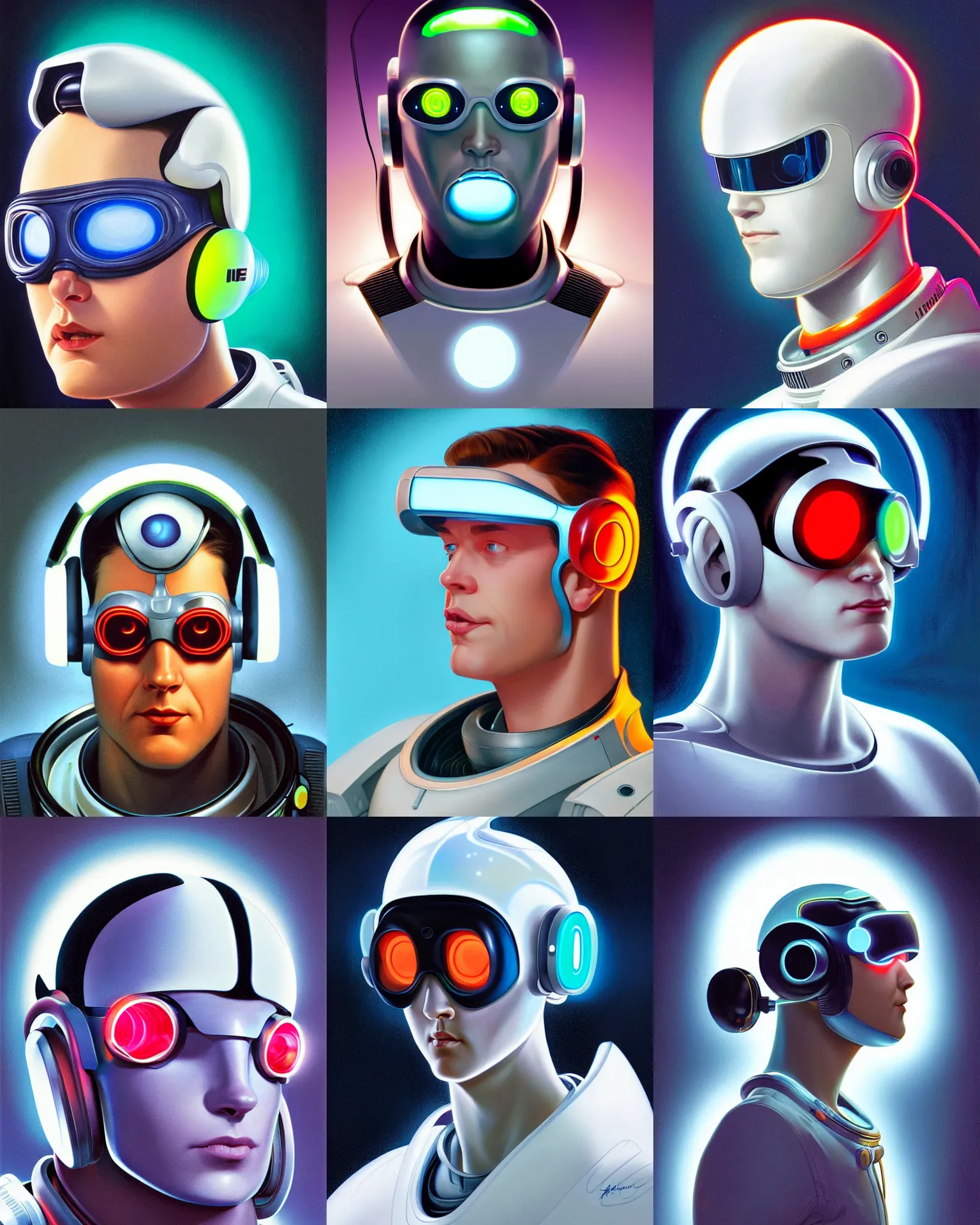 Prompt: pixar character white background side view future coder man, stylized cyclops display over eyes and sleek glowing headset, neon accents, holographic colors, desaturated headshot portrait digital painting by leyendecker, donato giancola, philip coles, ivan bilibin, john berkey, astronaut cyberpunk electric lights profile