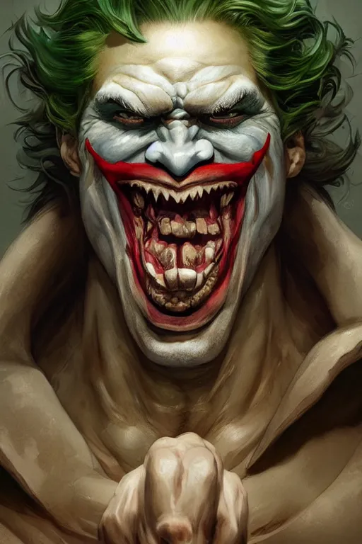 Image similar to portrait of joker as a hulking herculean demon orc bugbear clown, forest, godlike, upper body, fantasy, intricate, elegant, highly detailed, digital painting, artstation, concept art, sharp focus, illustration, art by artgerm and greg rutkowski and alphonse mucha