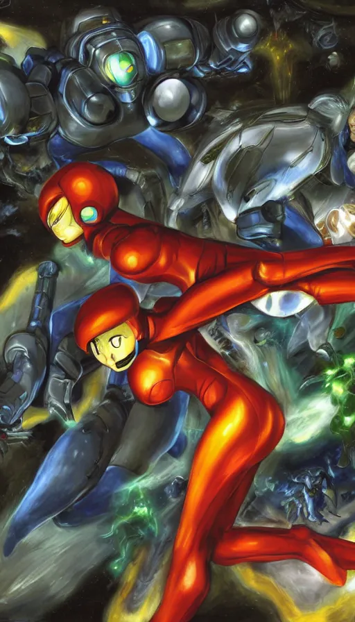 Prompt: portrait! of zero suit samus devouring!! her metroid son!! by francisco!! goya!!, wall mural, 4 k, high quality