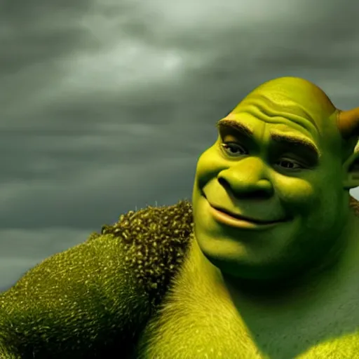 Image similar to shrek really upset and crying lots, with a swamp behind him