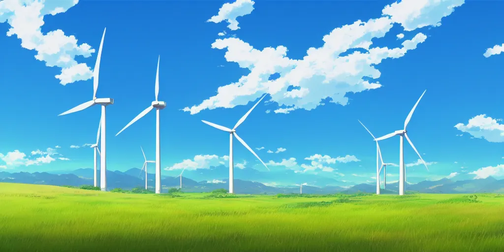 Prompt: beautiful anime painting of a field with wind turbines, clear blue skies, beach, rolling green hills, daytime, by makoto shinkai, kimi no na wa, artstation, atmospheric.