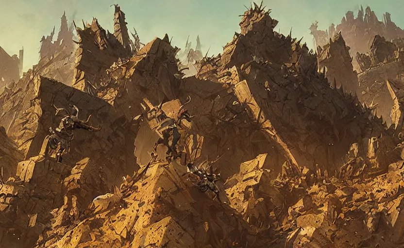 Image similar to flat wastelands, sharp rock spikes, greg rutkowski, brom, james gurney, mignola, craig mullins, alan lee