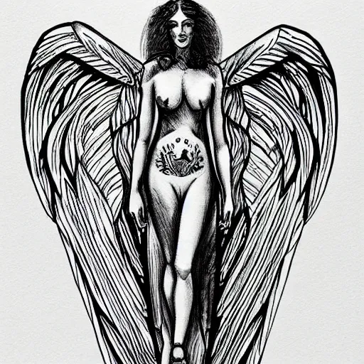 Image similar to realism!!!! Back tattoo!! design sketch of a Magestic Angel, in the style of Da Ink