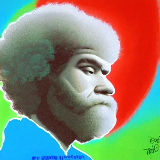 Image similar to nuclear mushroom cloud in shape of bob ross self portrait