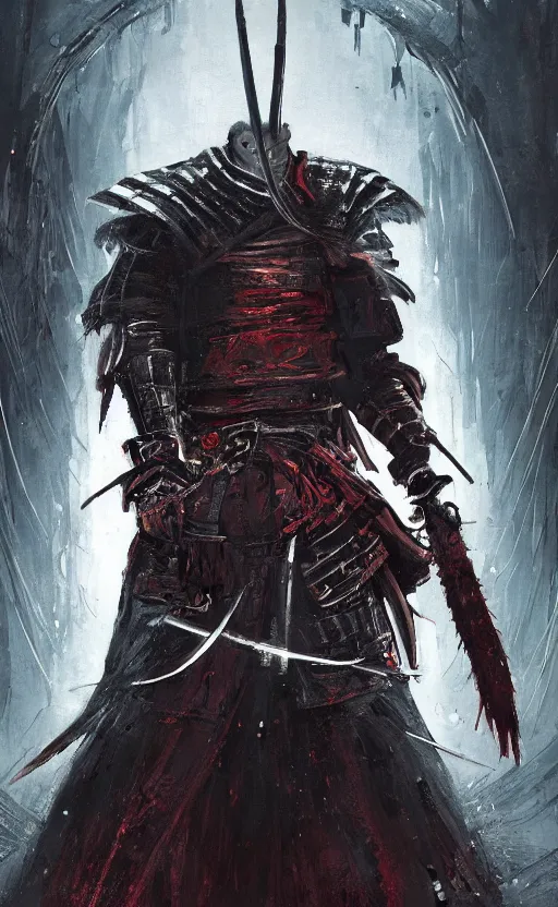 Prompt: a portrait of cyberpunk samurai with double sword, bloodborne concept art, detailed, gorgeous lighting