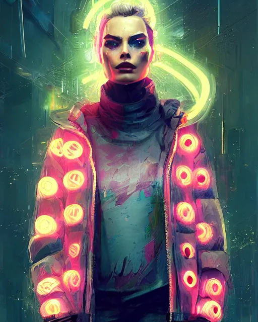 Image similar to neon operator margot robbie, cyberpunk futuristic neon, reflective puffer jacket, decorated with traditional japanese ornaments by ismail inceoglu dragan bibin hans thoma greg rutkowski alexandros pyromallis nekro rene maritte illustrated, perfect face, fine details, realistic shaded, fine - face, pretty face