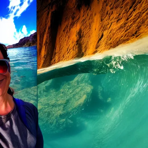 Image similar to selfi stick photography of an annoying tourist visiting atlantis during the catastrophic tilad wave, highly detailed, photorealistic