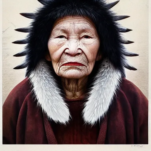 Image similar to A beautiful print of a stern looking elderly Inuit woman with short white hair and dark skin. She is wearing a traditional Inuit parka with fur trim and is holding a small carving in her hand. Her expression is one of strength and wisdom. Howl’s Moving Castle by Diego Dayer, by Dain Yoon, by Peter Andrew Jones frightful