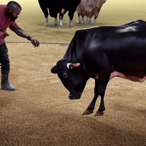 Image similar to kanye west milking a cow, ultra realistic, 8 k, ultra details, highly detailed face, sharp focus