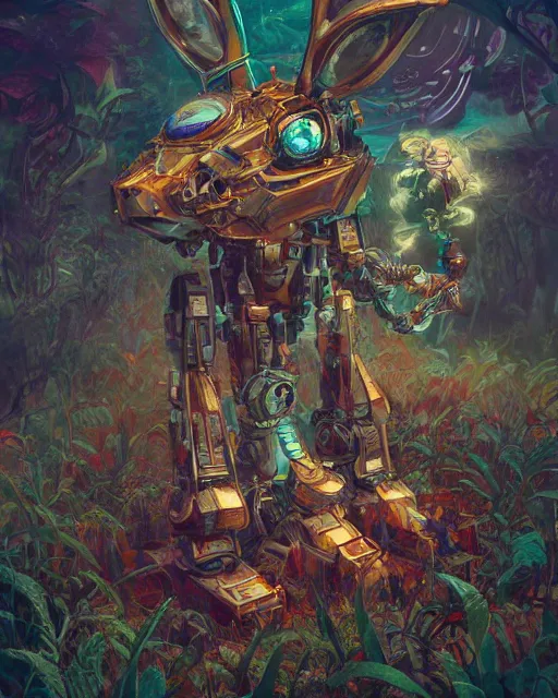 Image similar to mecha rabbit in wonderland, highly detailed, concept art, scifi, bizarre, abstract, colorful, forest, sharp focus, trending on artstation, intricate, atmosphere, art by roman makarenko, dzung phung dinh