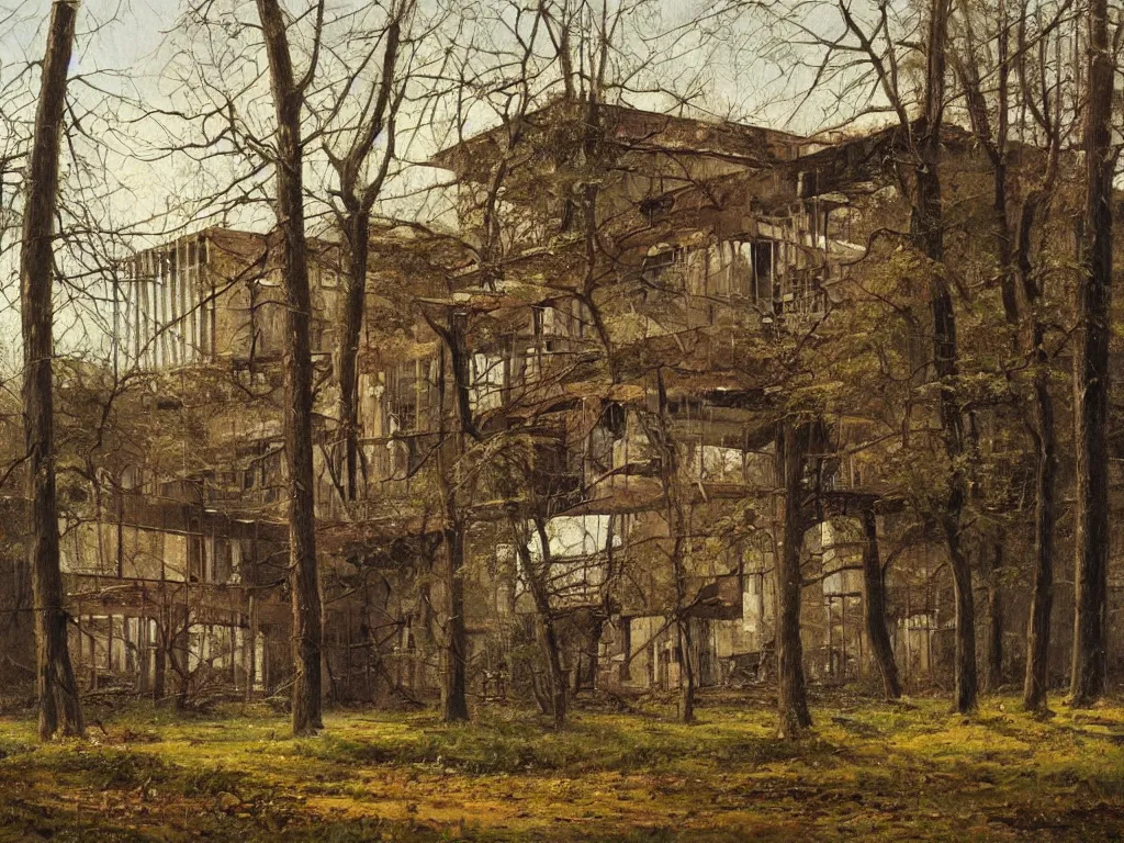 Image similar to A beautiful painting of a dilapidated post-modern building in the wood, by Paul Gustav Fischer, Trending on artstation, very detailed