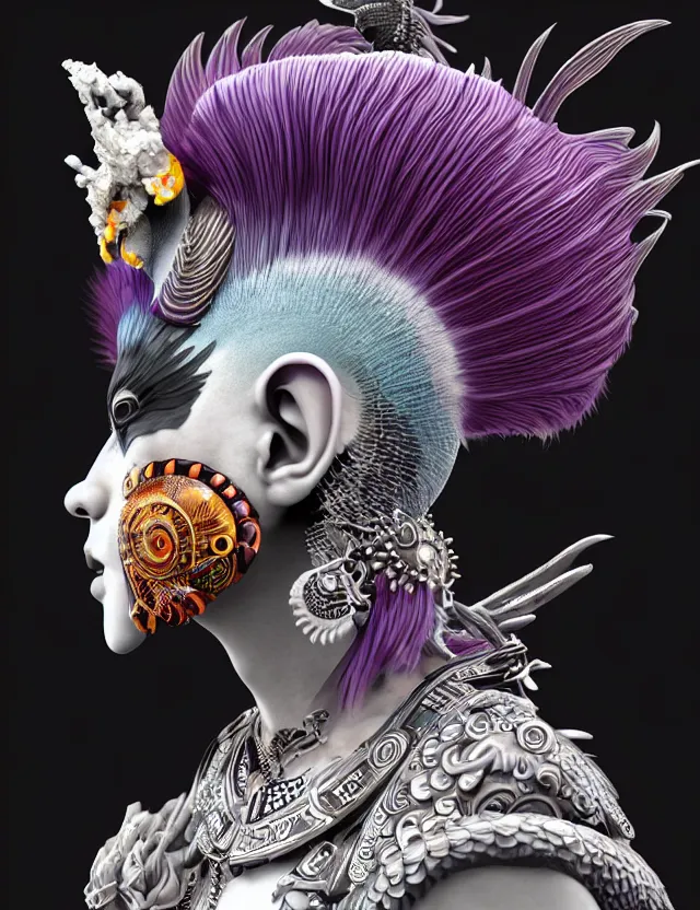 Image similar to 3 d goddess close - up profile portrait punk with mohawk with ram skull. beautiful intricately detailed japanese crow kitsune mask and clasical japanese kimono. betta fish, jellyfish phoenix, bio luminescent, plasma, ice, water, wind, creature, artwork by tooth wu and wlop and beeple and greg rutkowski