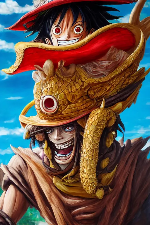 Prompt: anthropomorphic dragon as a luffy, oil on canvas, intricate, portrait, 8 k highly professionally detailed, hdr, cgsociety