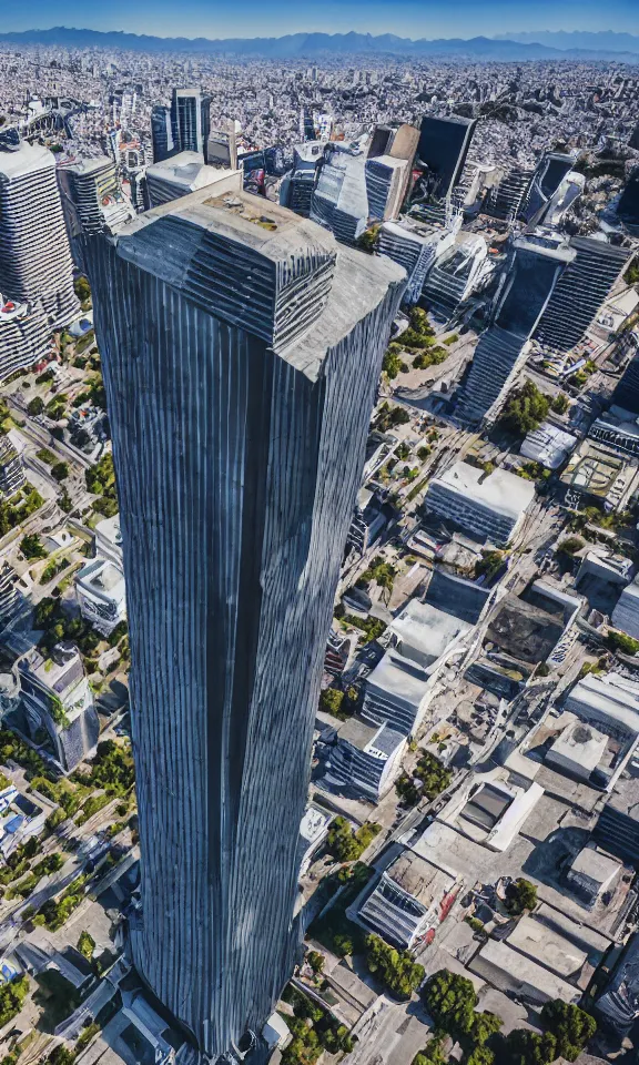 Prompt: The colossal giant of Shingeki no kyojin near the Torre Entel in Santiago of Chile. Drone Photography. 4k ultra hd. Portrait. Dramatic. Futuristic background.