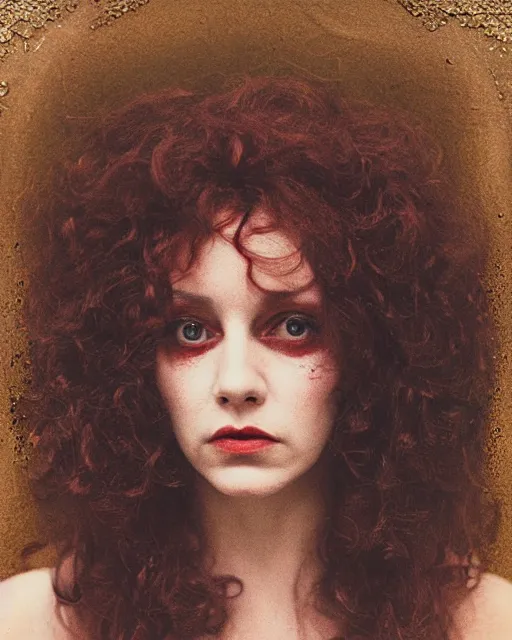 Prompt: an instant photo of a beautiful but sinister woman in layers of fear, with haunted eyes and curly hair, 1 9 7 0 s, seventies, delicate embellishments, a little blood, crimson, painterly, offset printing technique, mary jane ansell