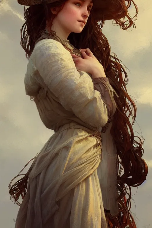 Image similar to beautiful cottagecore young peasant maiden, innocent, intricate, elegant, highly detailed, digital painting, artstation, concept art, smooth, sharp focus, illustration, art by artgerm and greg rutkowski and alphonse mucha