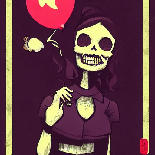 Prompt: portrait skull girl holding balloon by petros afshar, tom whalen, laurie greasley, war face by greg rutkowski