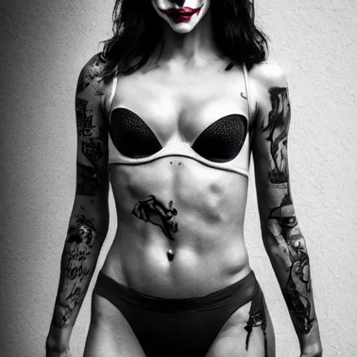 Image similar to fully body pose, photo of a very beautiful!! victoria secret model, the joker, fully tattooed, 8 k, hdr, smooth, sharp focus, high resolution, award - winning photo, trending on artstation, dslr, 5 0 mm c 1 5. 0